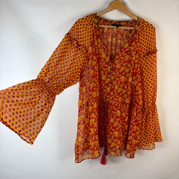 Lane Bryant Tops - Lane Bryant Blouse Womens 26/28 Red Yellow Floral Geometric Bell Sleeve Boho